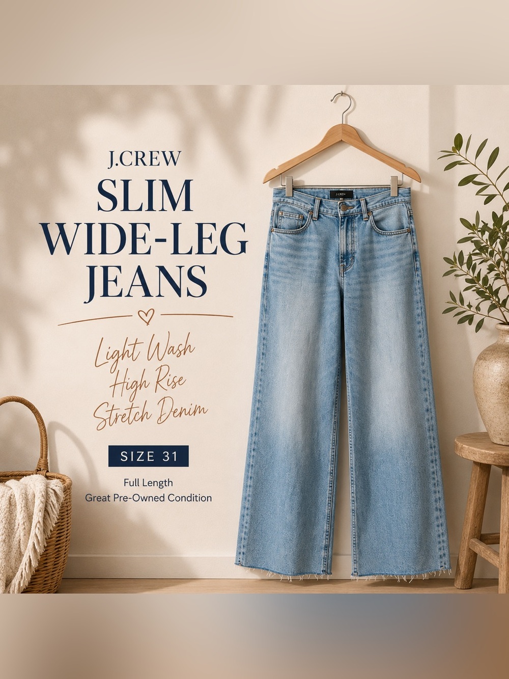 J.Crew Slim Wide Leg Jeans 31 Light Wash High Rise Stretch Denim
